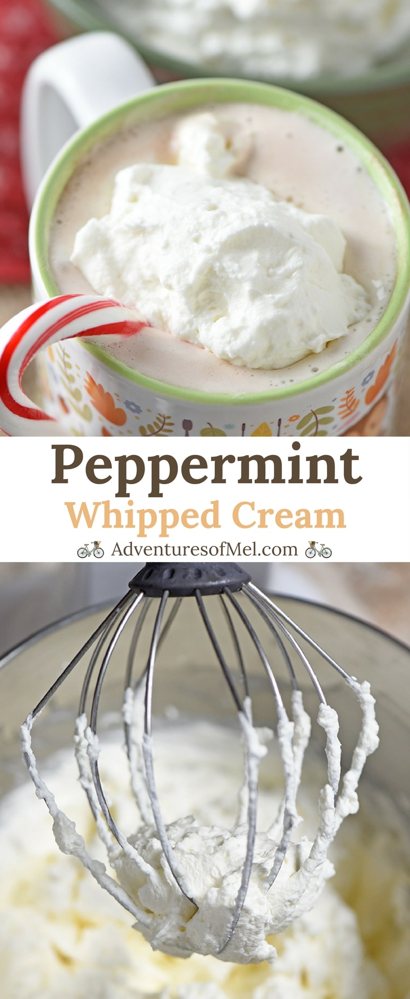 Peppermint Whipped Cream you can make in 5 minutes. Creamy delicious dessert topping or add a dollop to your hot chocolate for a minty treat!
