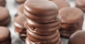 stack of chocolate covered Ritz crackers with peanut butter