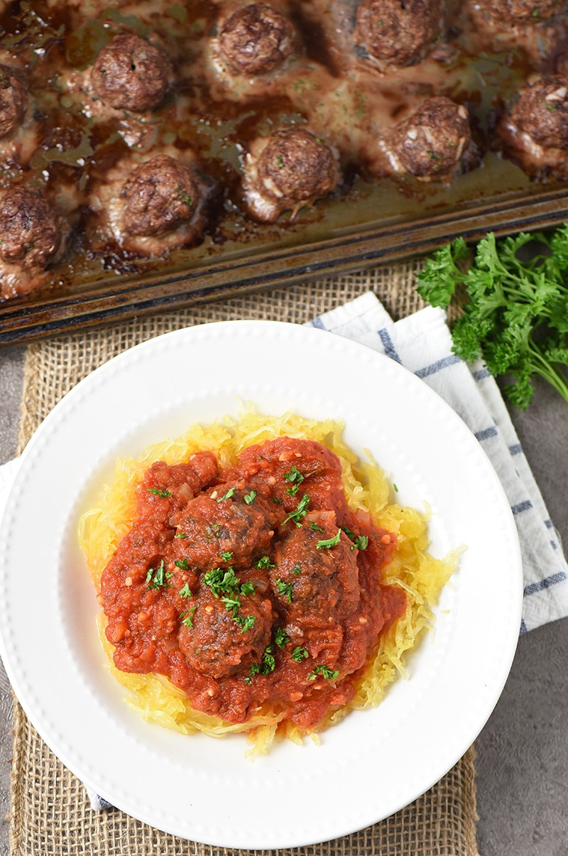 Spaghetti Squash Spaghetti with Baked Italian Cauliflower Meatballs