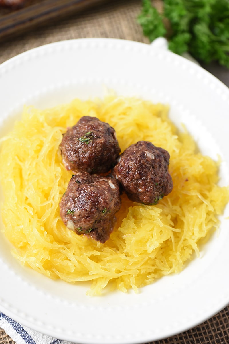 Baked Italian Cauliflower Meatballs on Spaghetti Squash