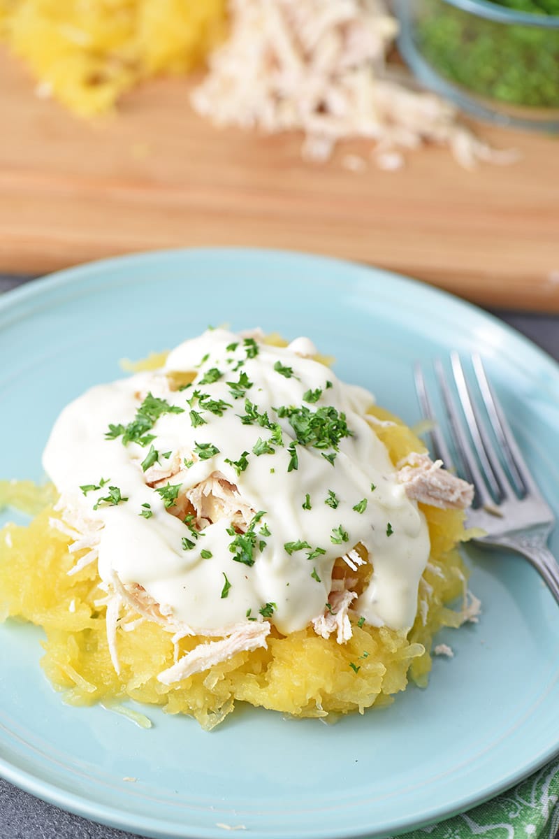 healthy chicken alfredo with spaghetti squash on a blue plate