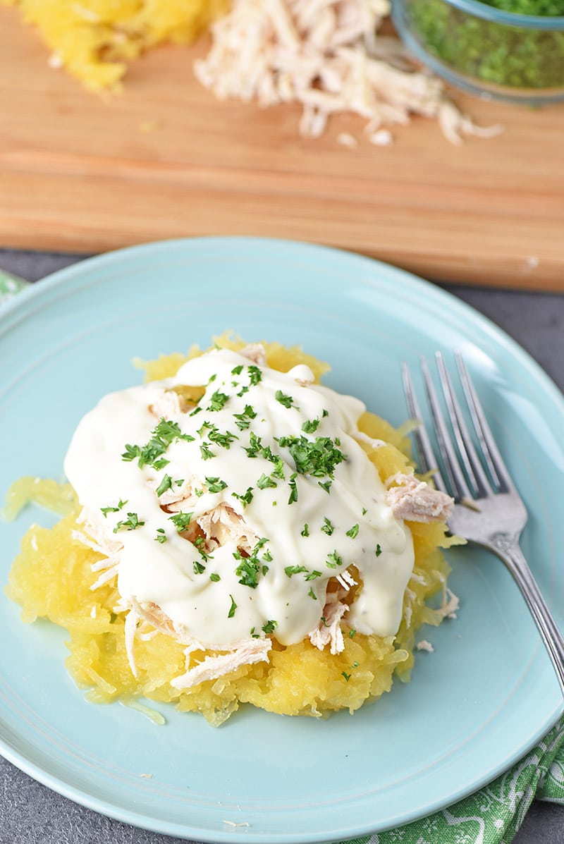 plated chicken fettuccine Alfredo recipe using spaghetti squash as a low carb alternative