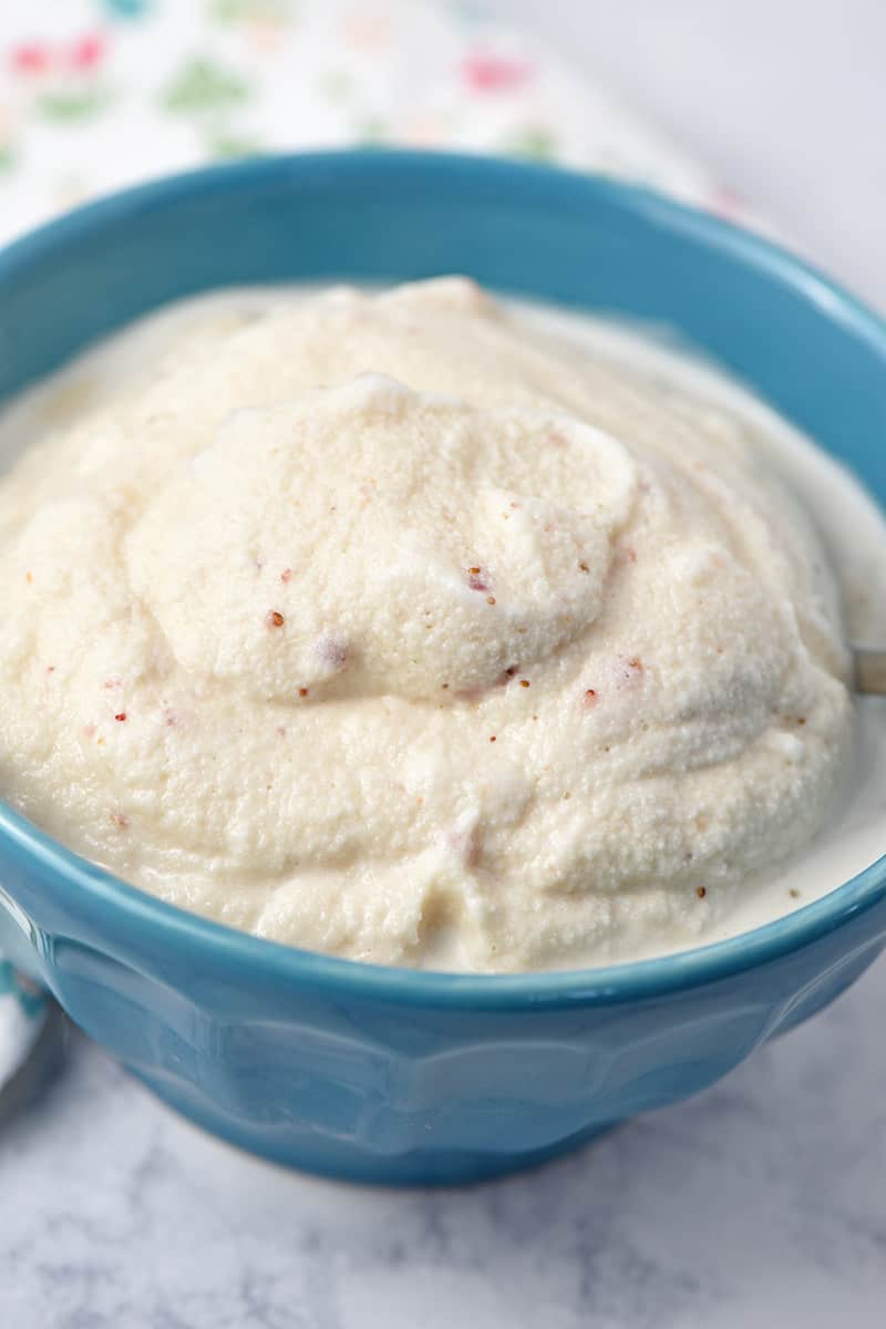 blue bowl of soft serve, old-fashioned, strawberry ice cream