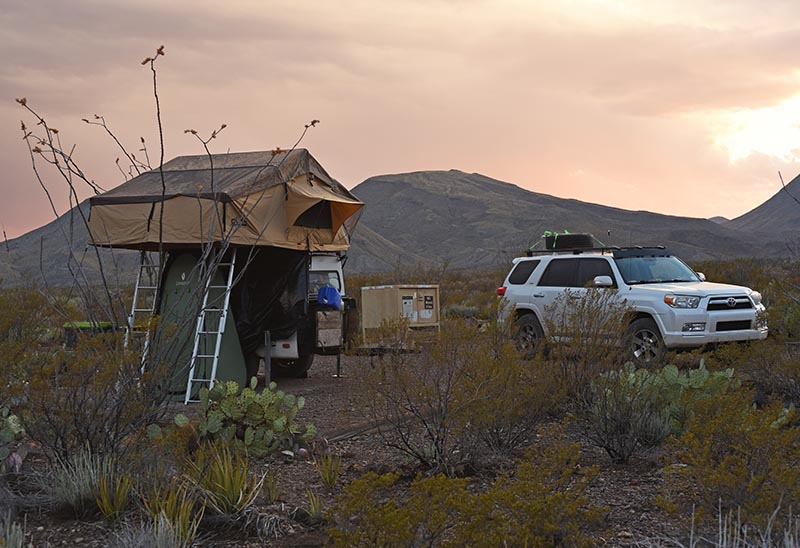 sunset while Big Bend camping with a rooftop tent and Toyota 4Runner in Big Bend National Park
