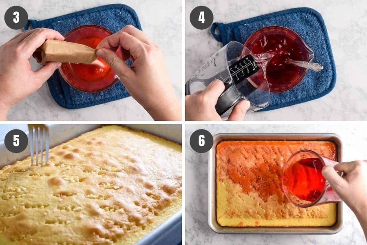 mixing strawberry Jello with water in glass measuring cup, poking holes on top of vanilla cake, and pouring Jello onto cake