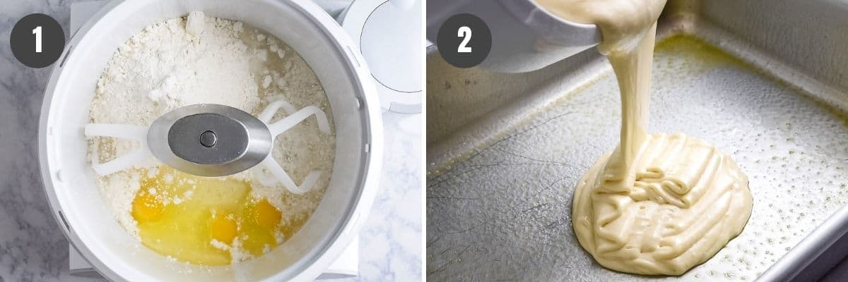 mixing ingredients for cake batter in mixer and pouring batter into greased cake pan