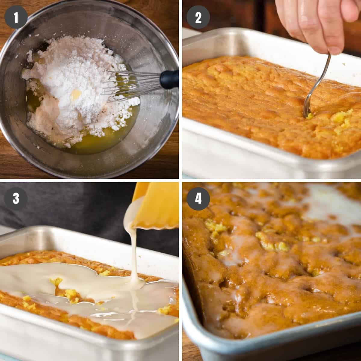 steps for how to make lemon glaze for poke cake, poke holes all over cake with a fork, then pour glaze on poke cake and allow to crisp
