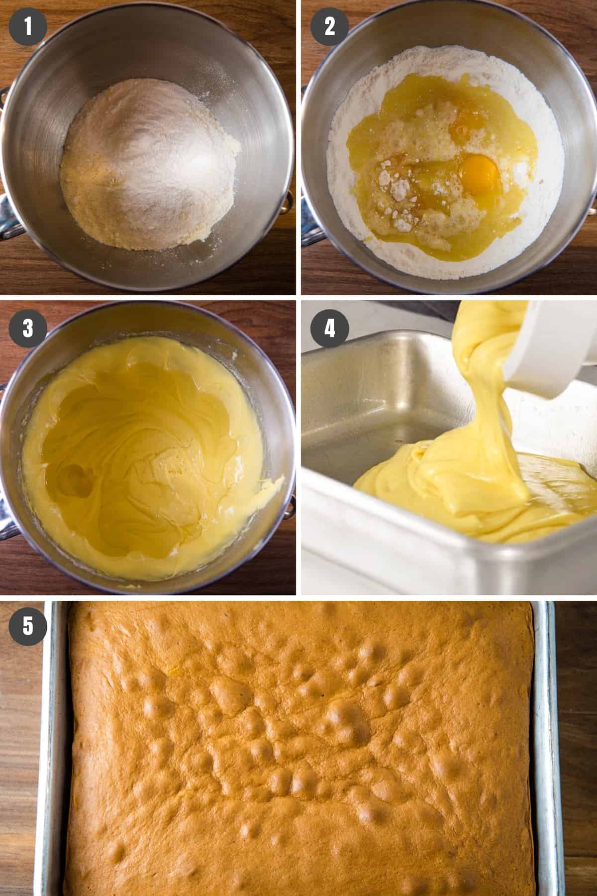 steps for how to make lemon poke cake batter in mixing bowl, then pour into cake pan and baked