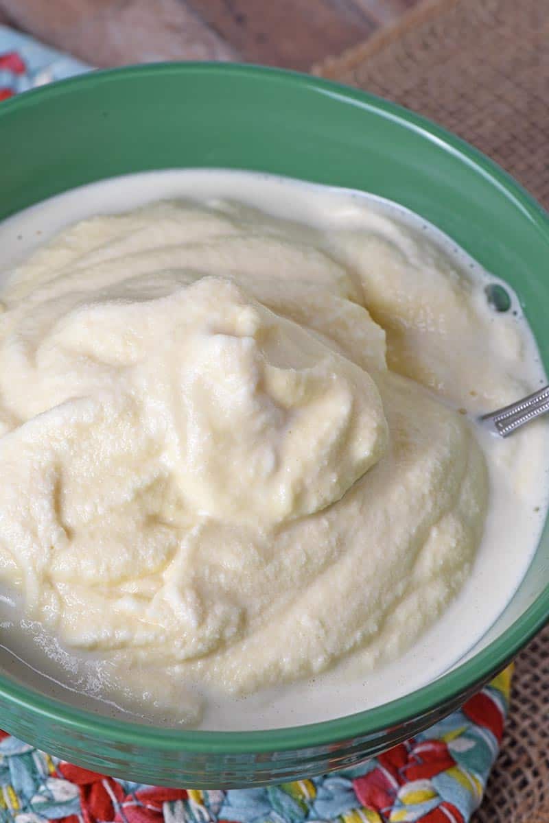old fashioned homemade ice cream in a green pioneer woman mixing bowl