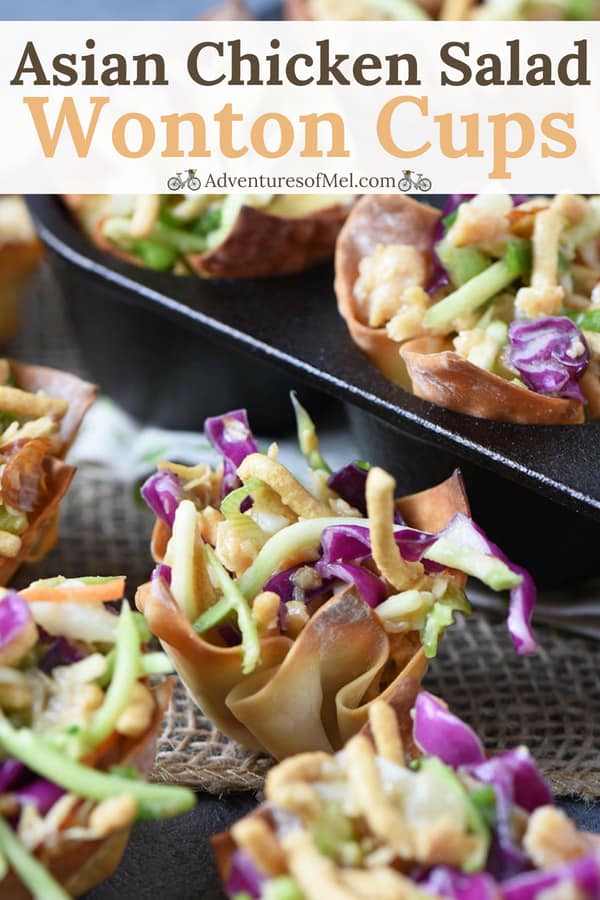 yummy Asian chicken salad in crunchy wonton cups, perfect party appetizer