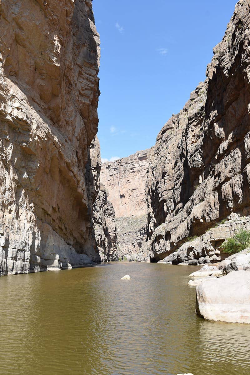 walls of Santa Elena Canyon rising up above the Rio Grande River in West Texas