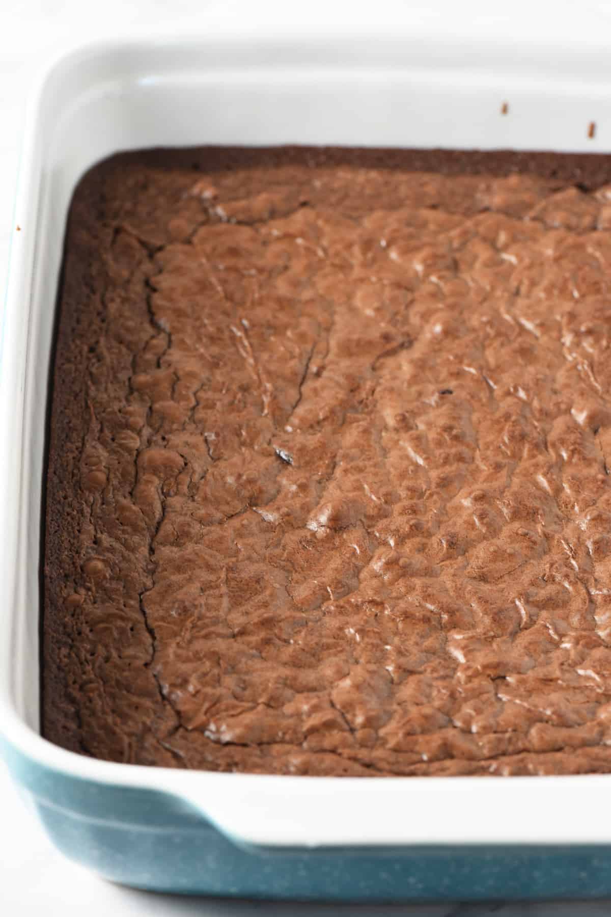 brownie mix brownies in blue baking dish