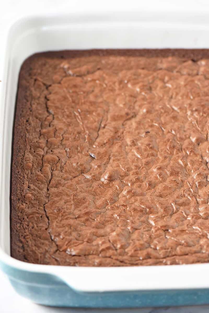brownie mix brownies in blue baking dish
