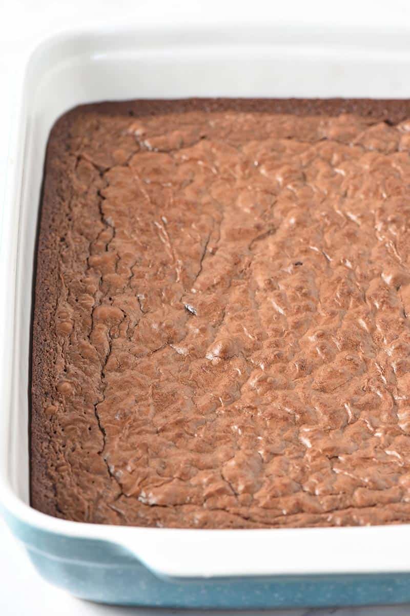 brownie mix brownies in blue baking dish for ghost halloween brownies recipe