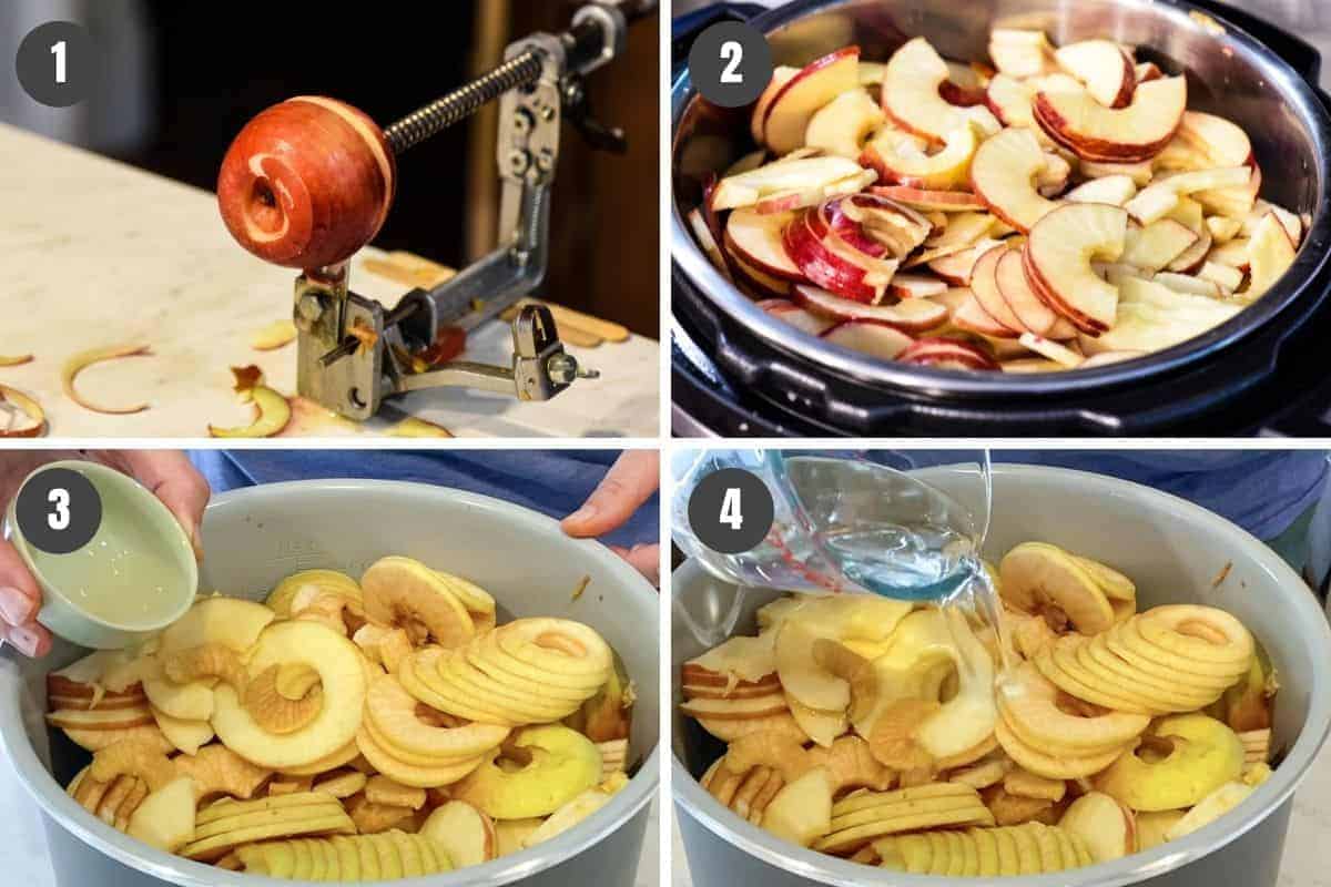how to make applesauce in the Instant Pot, including slicing apples with Johnny apple peeler, putting apples in Instant Pot, then adding lemon juice and water