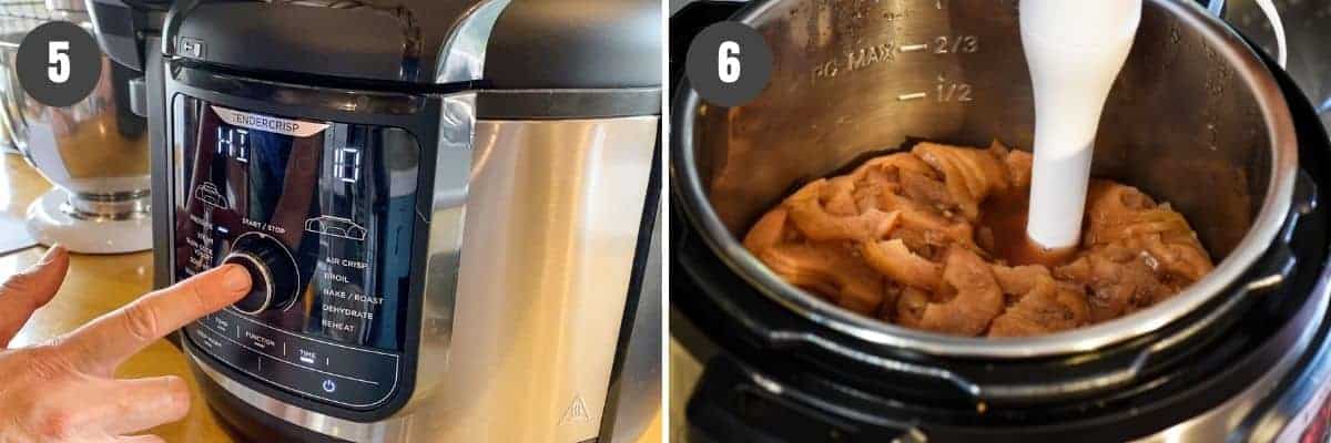 how to make pressure cooker applesauce in Ninja Foodi, then mashing cooked apples with immersion blender