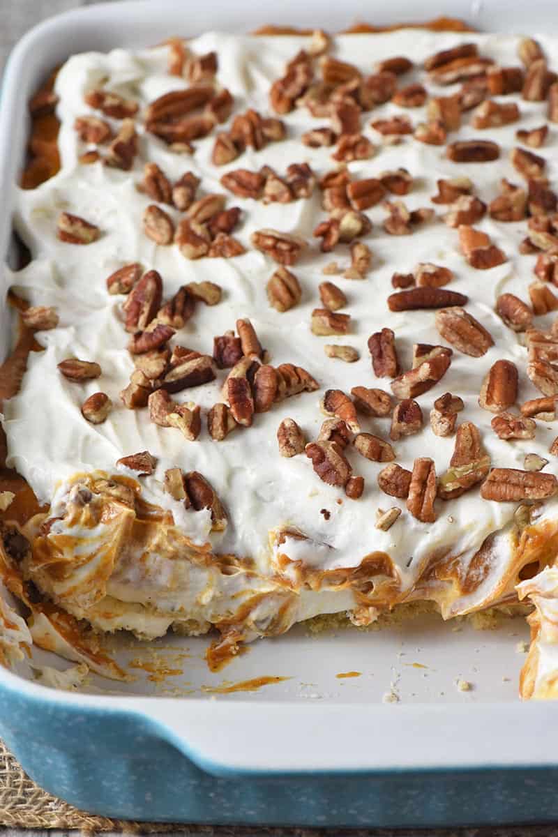 No Bake Pumpkin Dessert layers in blue baking dish