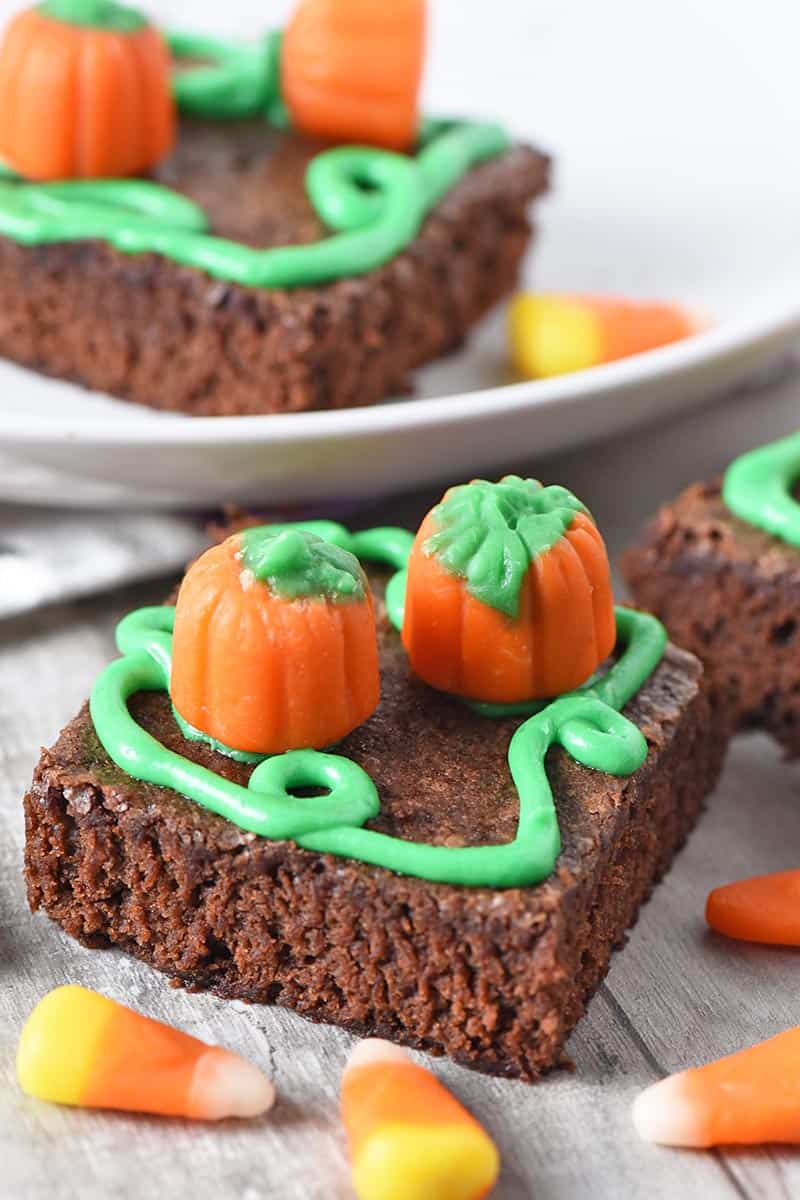 homemade pumpkin patch halloween brownies with candy corn and candy corn pumpkins