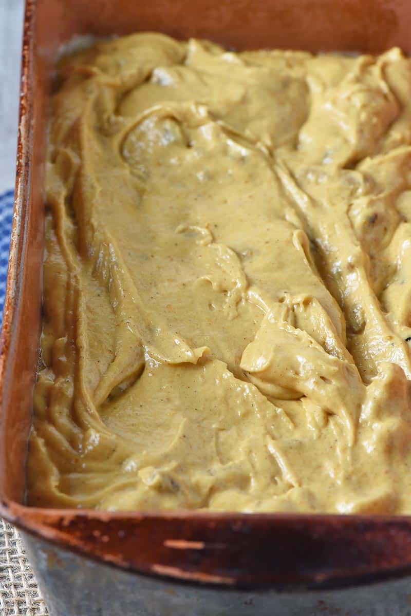dough for pumpkin bread recipe in bread loaf pan