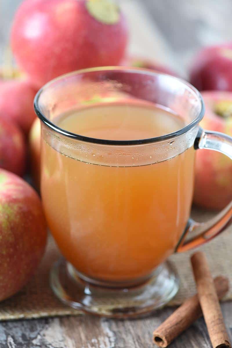 glass mug of warm mulled cider with fresh apples and cinnamon sticks