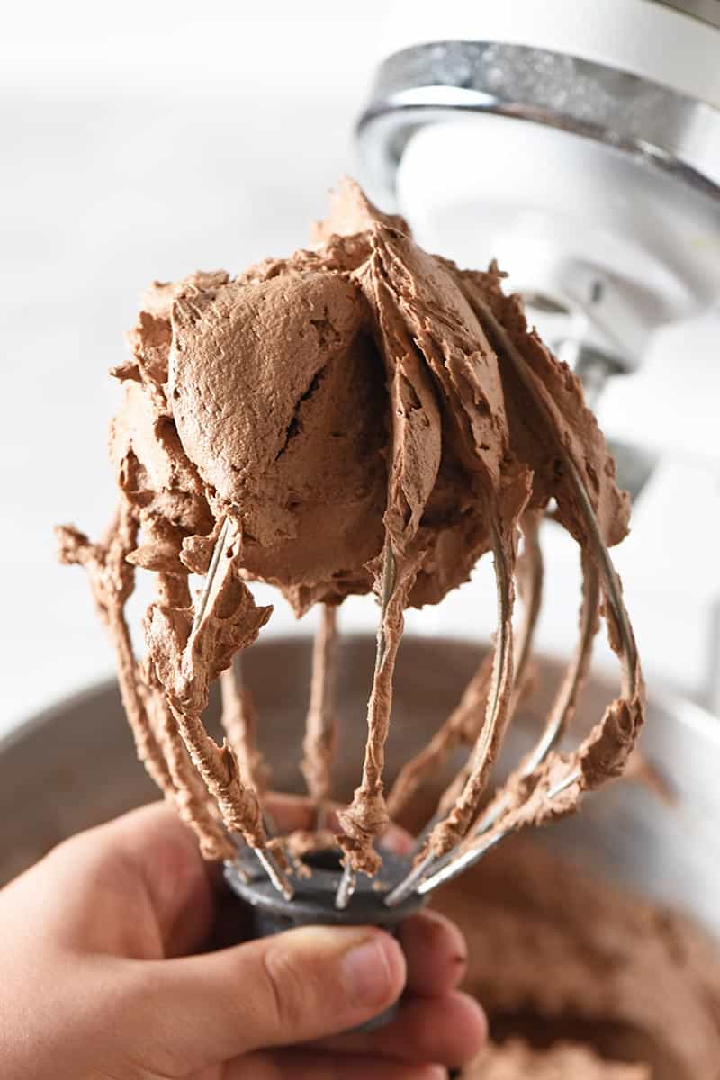 KitchenAid mixer whisk with homemade chocolate icing