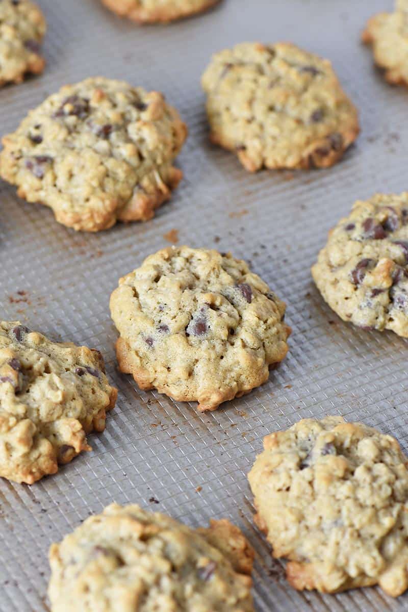 baked oatmeal buttermilk cookies with chocolate chips on cookie sheet