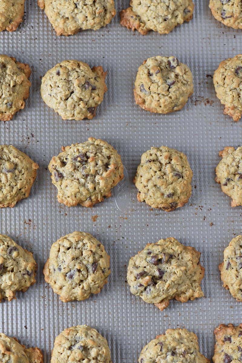 warm baked oatmeal cookies with buttermilk on OXO cookie sheet