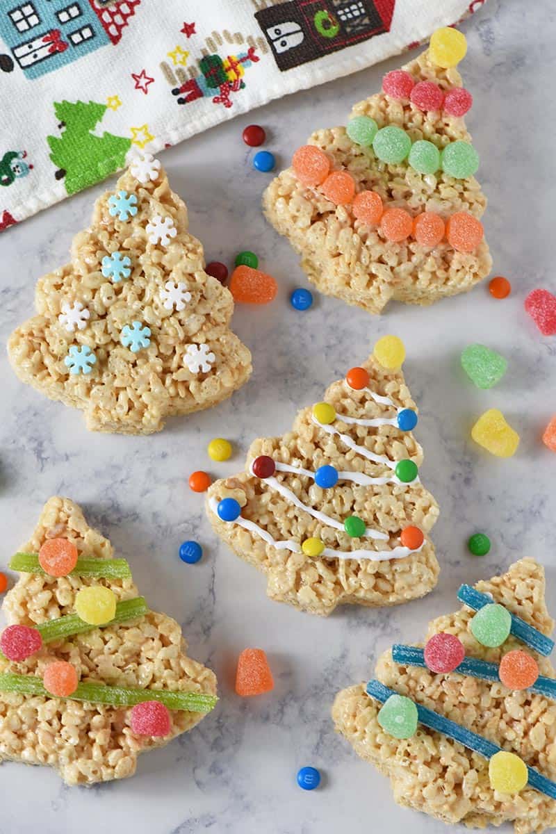festive decorated Christmas trees made from Rice Krispies cereal