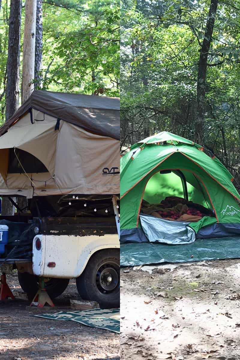 roof top tent on camp trailer and ground tent on green tarp with front flap open