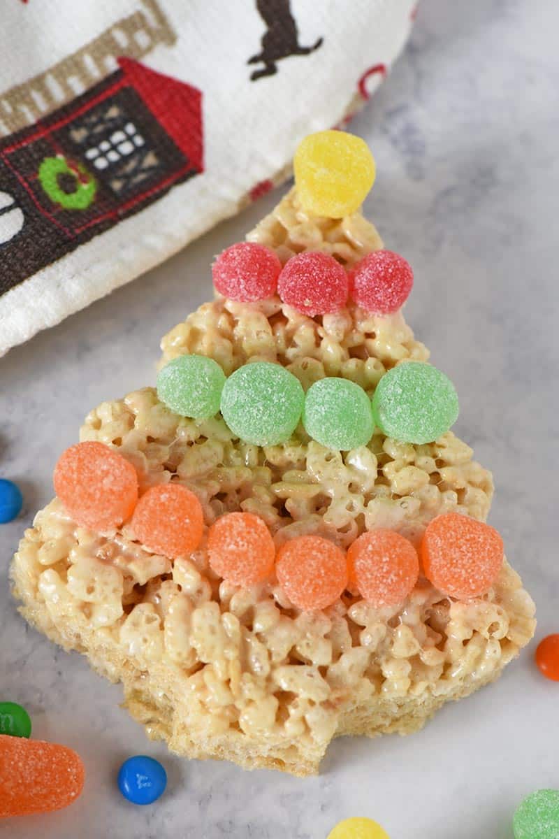 spice drop tinsel on Christmas tree Rice Krispie treats