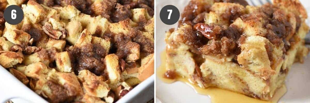 baked French toast casserole with sliced bread in white baking dish, with slice served on white plate with maple syrup