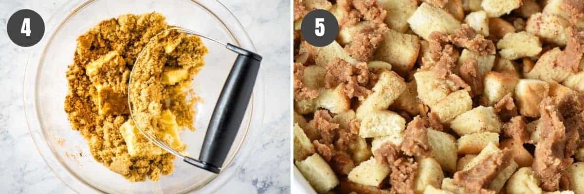 mixing French toast bake topping with pastry blender in glass Pyrex bowl and crumbling topping over top of casserole