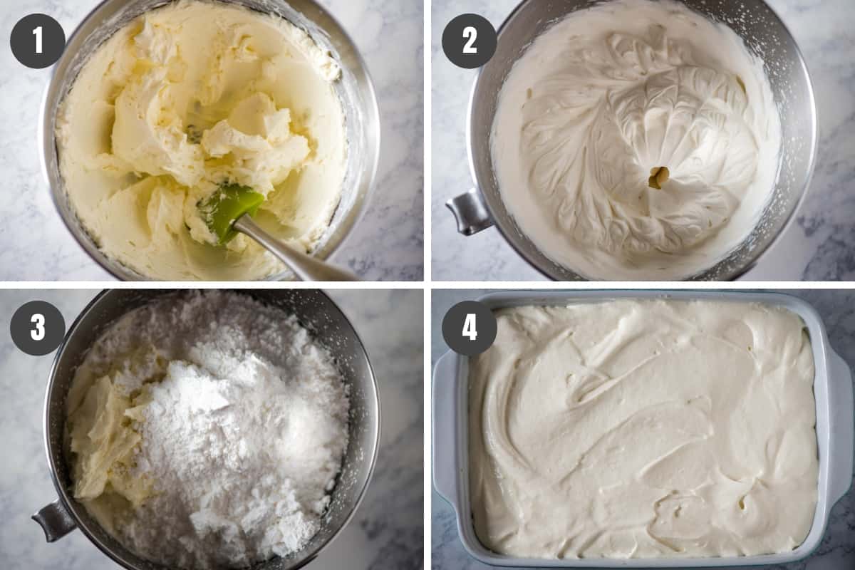 steps for how to make no bake Dream Whip cream cheese filling to layer on strawberry yum yum dessert