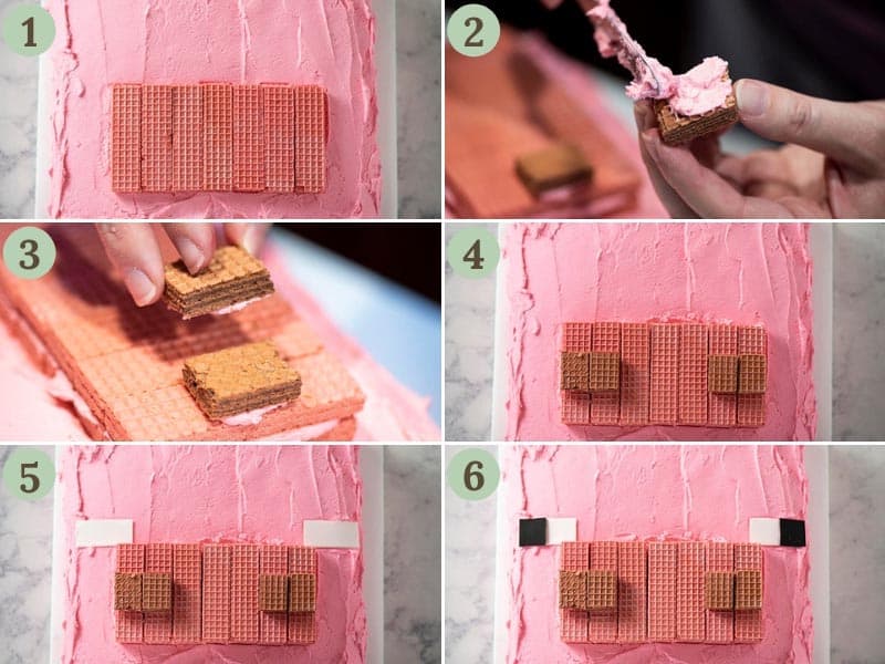 Decorating pink cake with pig face for Minecraft cake recipe