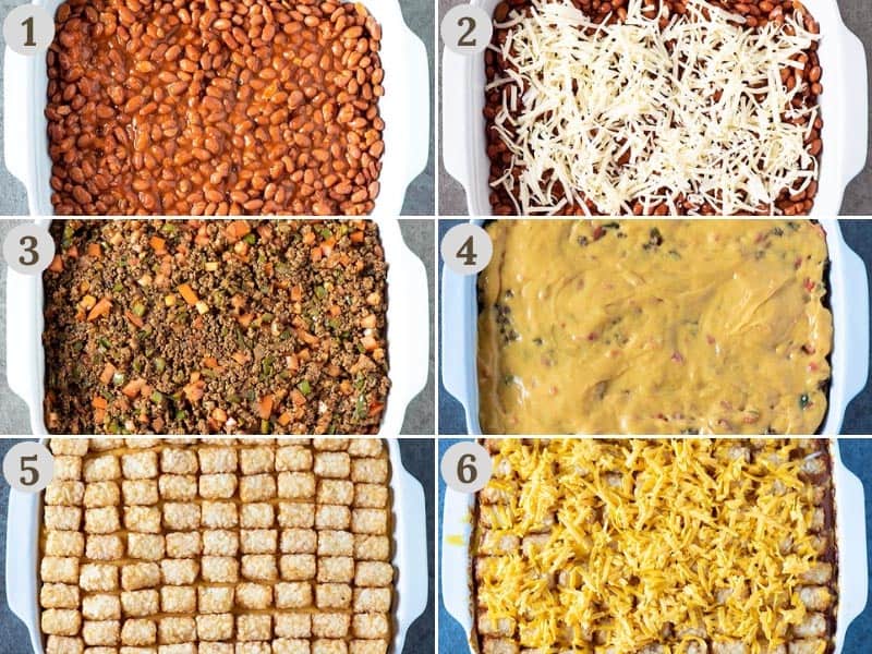 6 steps to layer a taco tater tot casserole in baking dish