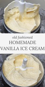 double image with old fashioned homemade vanilla ice cream on churn paddle in ice cream canister, ice cream maker full of old fashioned homemade ice cream