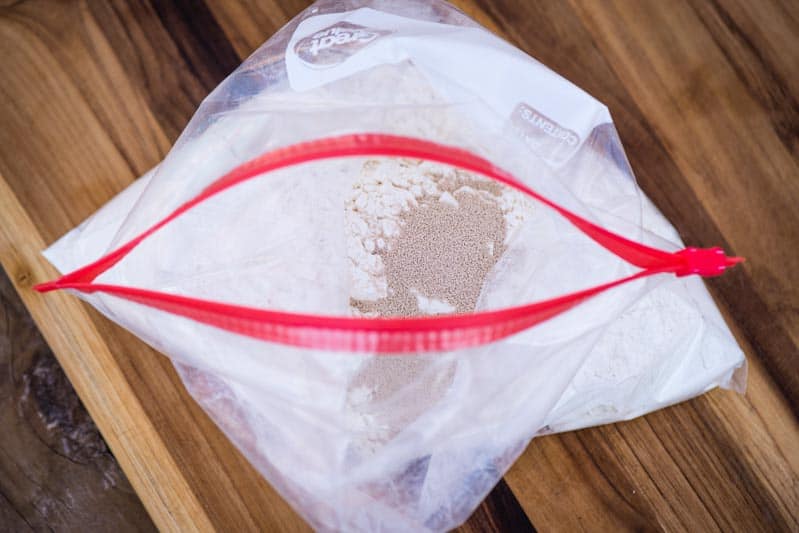 rapid rise yeast with flour for pizza dough recipe in gallon size Ziploc bag