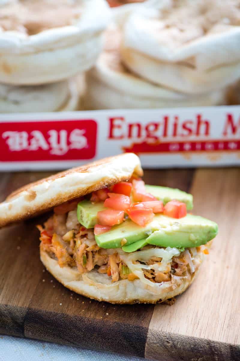 easy tuna melt made with Bays English muffins on wooden cutting board
