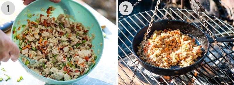 making tuna fish mixture for tuna melt over the campfire in cast iron skillet