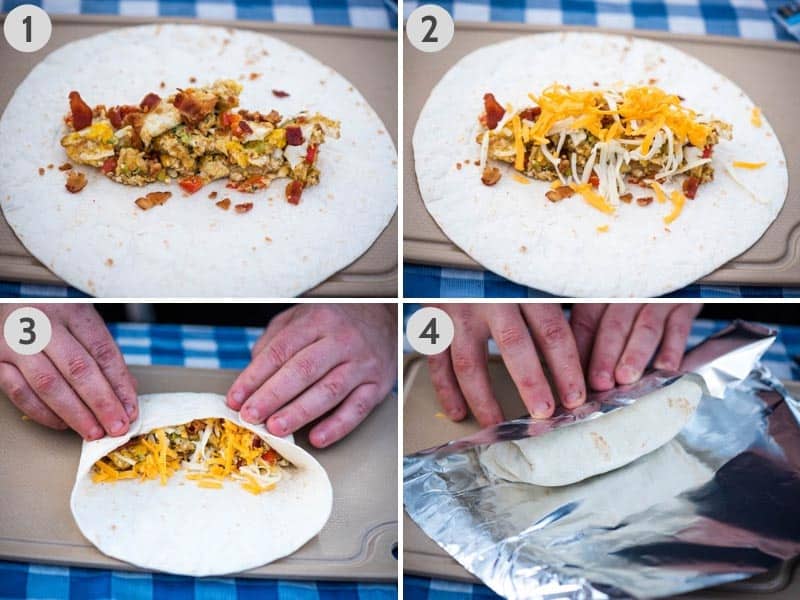 how to make bacon, egg, and cheese camp breakfast burritos by adding eggs and cheese to flour tortilla, wrapping the burrito, and then wrapping in aluminum foil for cooking