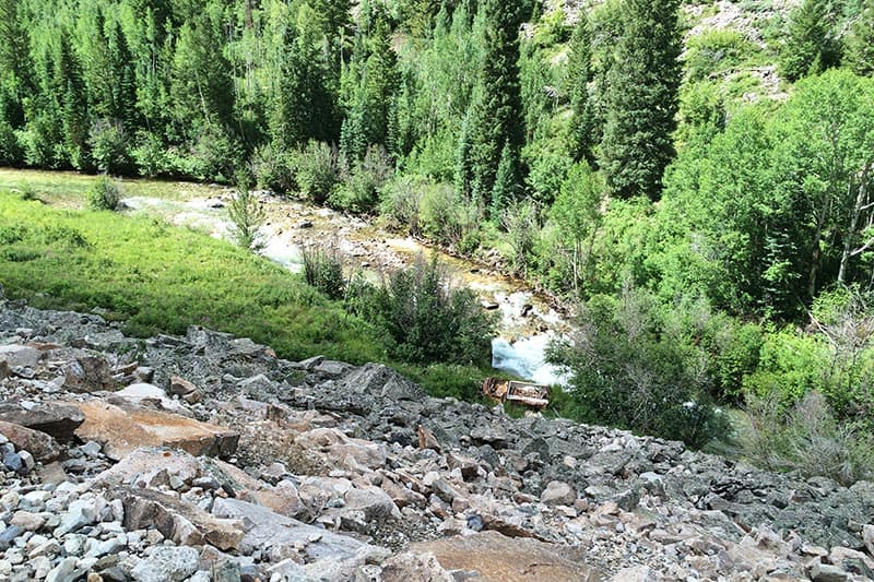 wreckage of a truck along the road to Crystal Mill, on the Crystal River in Colorado
