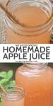 double collage images of apple juice in mason jar with straw, apple juice in old Sunshine coffee jar with small mason jar glass of juice beside it