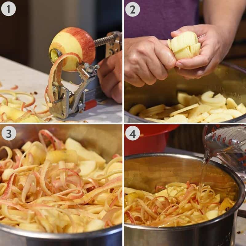 steps for how to make apple juice without a juicer in the Instant Pot, including peeling and coring the apples and adding water