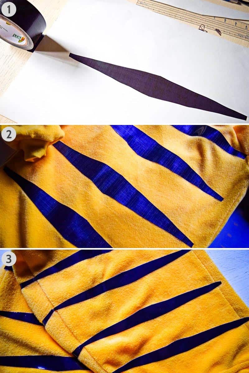 how to make a Garfield costume DIY by adding stripes made out of black Duck Tape to orange footie pajamas