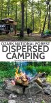 family in Ozark National Forest dispersed camping spot with rooftop tent and kitchen setup, campfire in Ozark National Forest