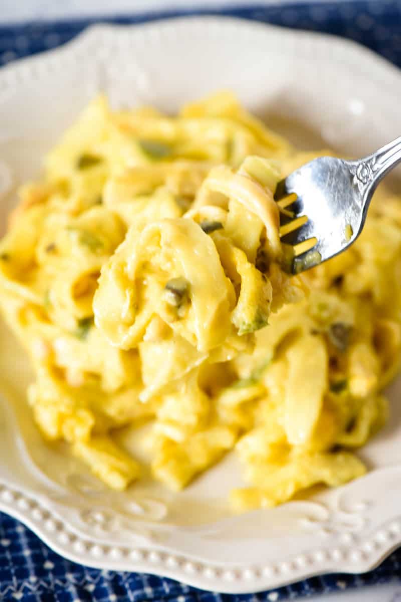 forkful of cheesy turkey noodle casserole