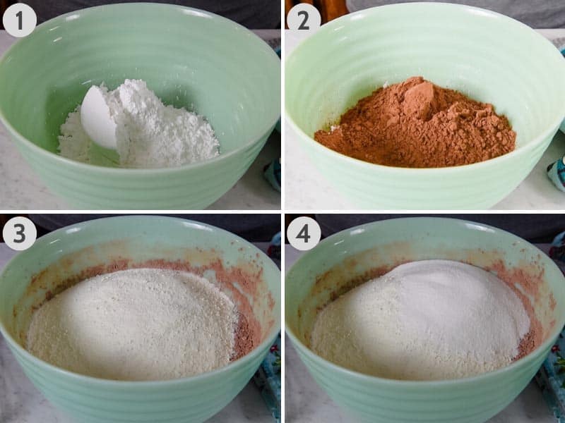 steps for how to make hot chocolate mix from scratch in Pioneer Woman jadeite mixing bowl