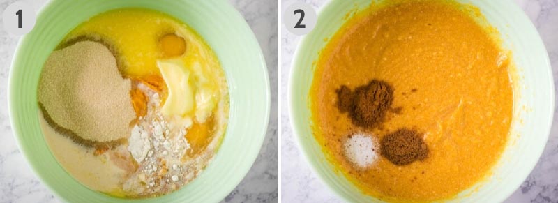 how to make southern sweet potato pie by mixing up the filling in Pioneer Woman jadeite mixing bowl