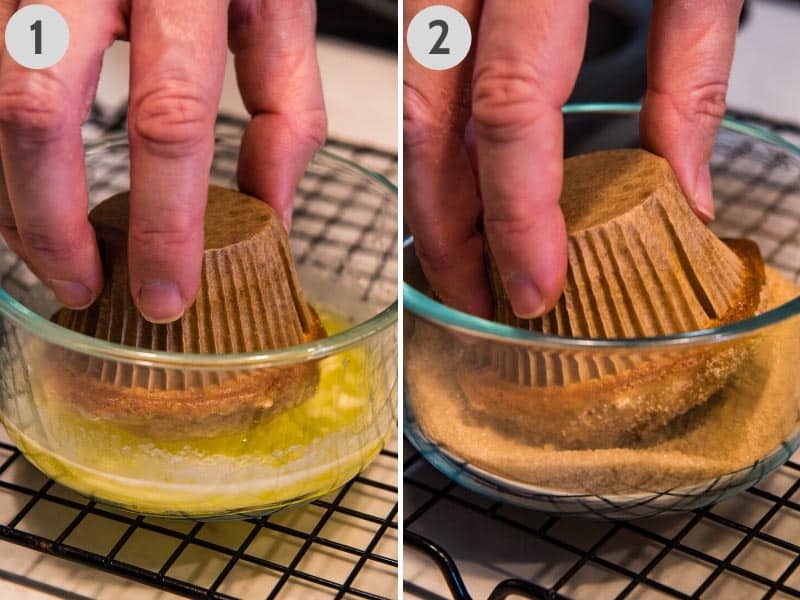 dipping tops of Bisquick muffins in melted butter in Pyrex glass bowl, then in cinnamon sugar in Pyrex glass bowl 