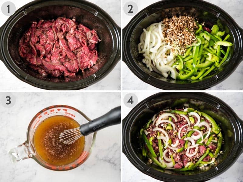 how to make Philly cheese steak in a black Crock pot by layering steak, vegetables, whisking up broth, and pouring over the vegetables and meat